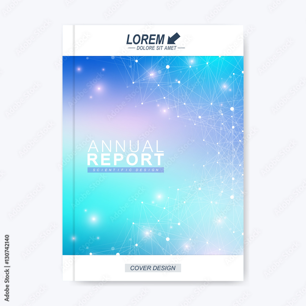 Modern vector template for brochure, leaflet, flyer, cover, catalog, magazine or annual report. Business, science, technology design book layout in A4 size. Scientific molecule background presentation