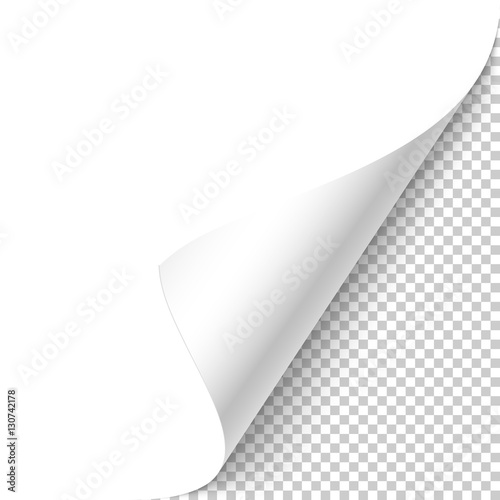 White page curled corner with shadow on transparent background 