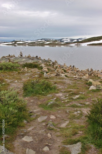 In the Hardangervidda national park, or Hardanger mountains plateau, in Norway, Europe. In August, there is still snow on the mountains. Height above sea level approx. 1100 meters. photo
