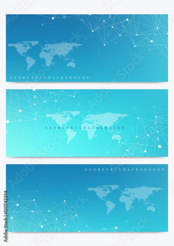 Modern set of vector banners with World Map. Geometric presentation. Molecule DNA and communication background for medicine  science  technology  chemistry. Cybernetic dots. Lines plexus. Card surface