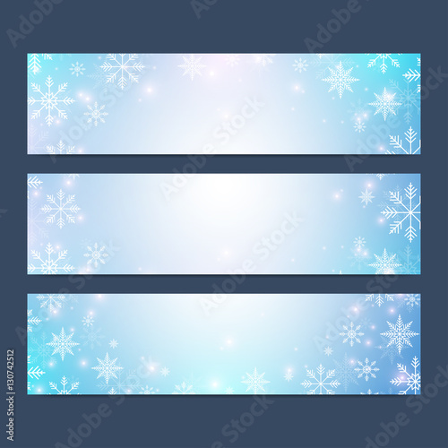 Modern Happy New Year set of vector banners. Christmas background. Design templates with snowflakes. Invitation cards surface.