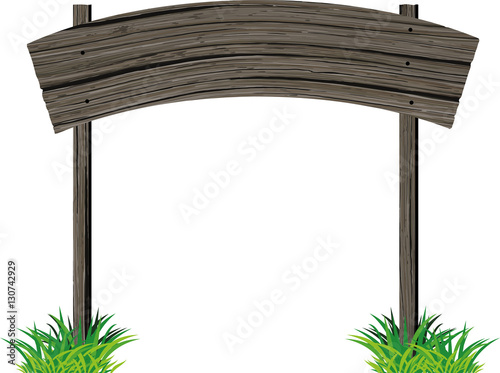 Old wooden plank horizontal empty sign on two poles in grunge style and green grass isolated on white background.