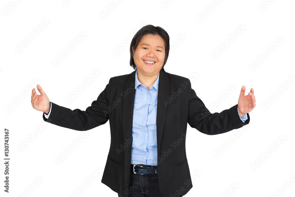 Beautiful woman doing different expressions in different sets of clothes: welcome Beautiful woman doing different expressions in different sets of clothes: welcome
