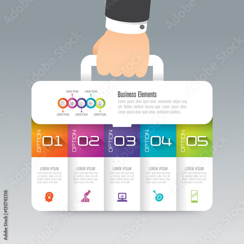 Business suitcase infographic design vector and marketing icons can be used for workflow layout, diagram, annual report, web design. Business concept with 5 options, steps or processes.