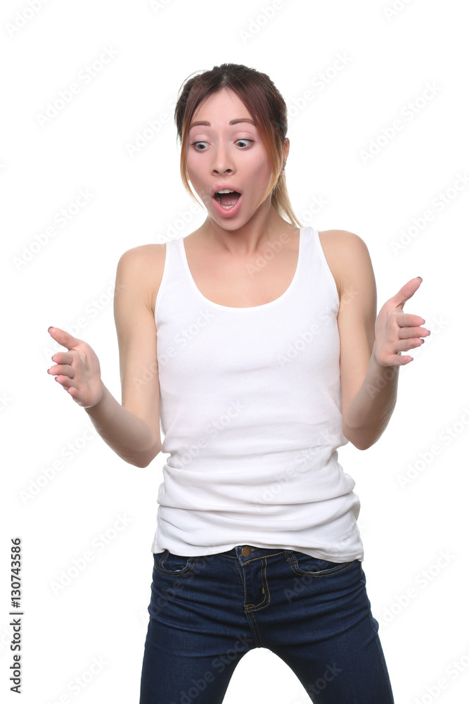 Girl shows size of something with hands. Close up. White background Girl shows size of something with hands. Close up. White background