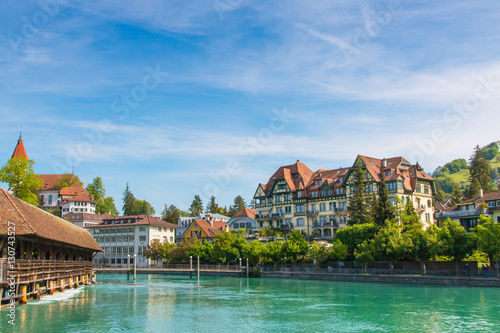 The city center of Thun, Switzerland with old covered wooden br