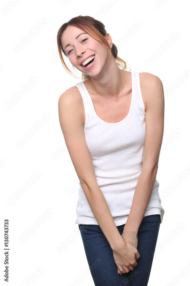 Model posing in singlet. Close up. White background Model posing in singlet. Close up. White background