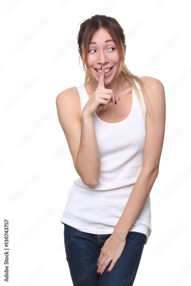 Girl showing hand silence. Close up. White background Girl showing hand silence. Close up. White background