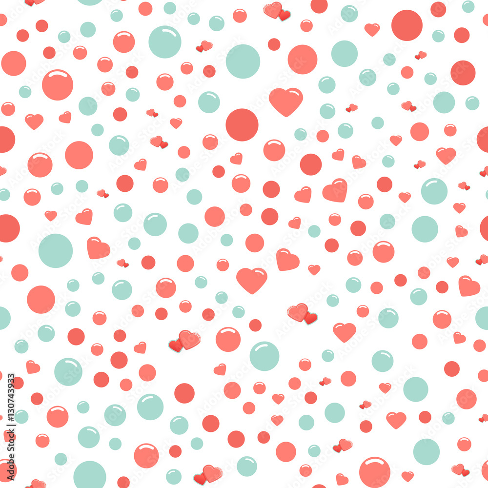 Seamless pattern with cute and chic blue, pink hearts and circles on white background Seamless pattern with cute and chic blue, pink hearts and circles on white background