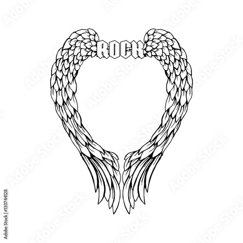 Retro t-shirt print or music disk cover with angel wings and grunge texture. Vector illustration with text Rock