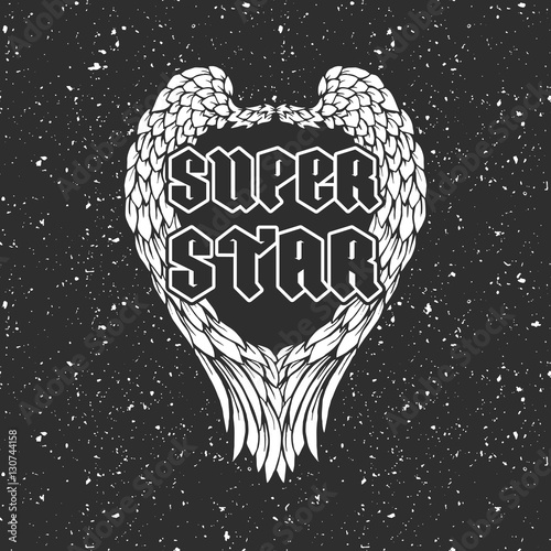 Retro t-shirt print or music disk cover with angel wings and grunge texture. Vector illustration with text super star