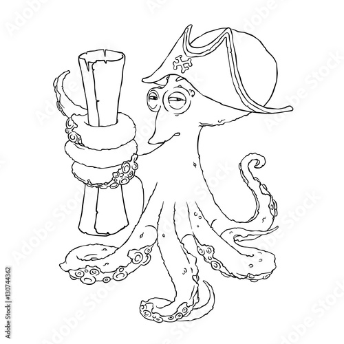 Cunning octopus-pirate in a cocked hat with paper scrolls. Treasure map. photo