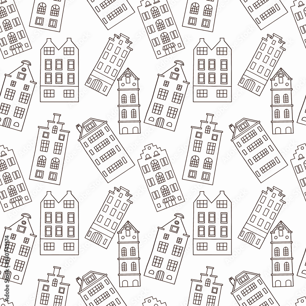 Seamless pattern with cute falling houses in black and white colors