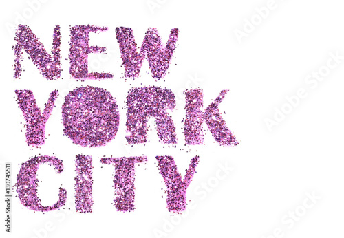 Card with text New York City of purple glitter on white background