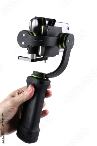 Hand holding gimbal with iPhone