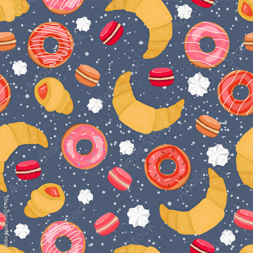 Seamless background of glazed donuts, croissants, macaroons and meringues. Pattern.
