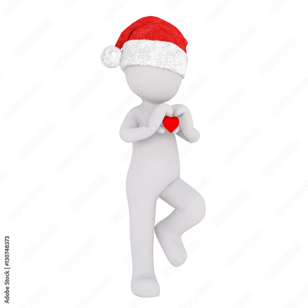 3d man in Santa hat with Valentines heart