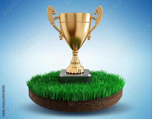 Gold cup winner trophy on an island of grass - 3d render illustration