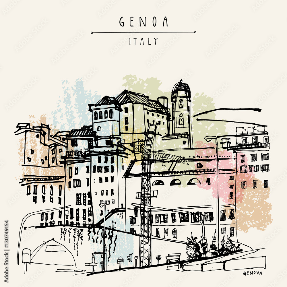 View of Genoa, Liguria, Italy, Europe. Artistic hand drawn vinta
