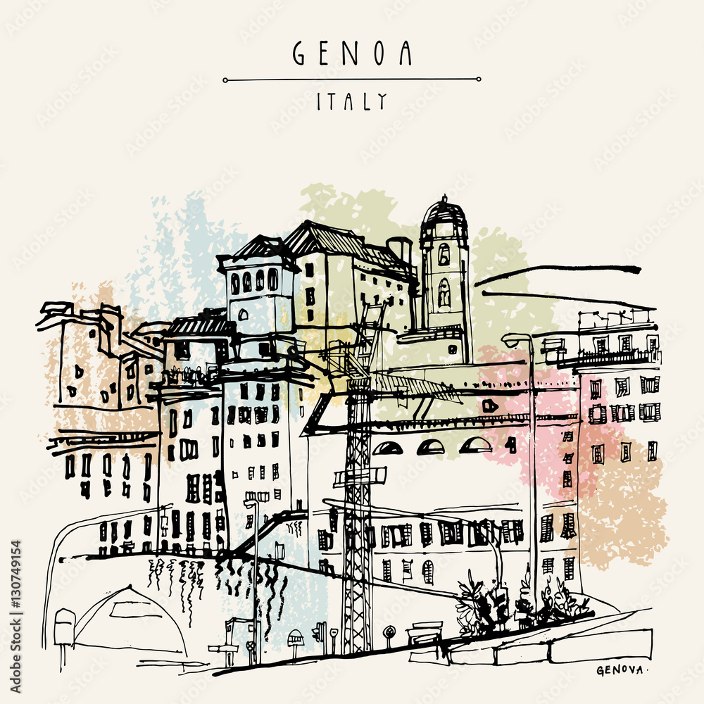 View of Genoa, Liguria, Italy, Europe. Artistic hand drawn vinta View of Genoa, Liguria, Italy, Europe. Artistic hand drawn vinta