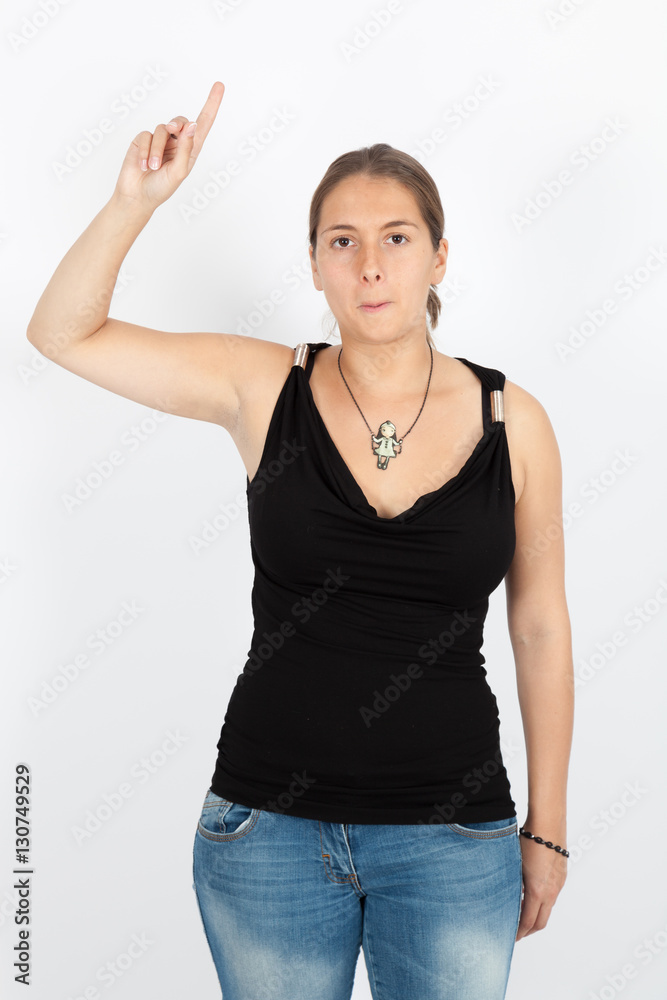 Beautiful woman doing different expressions in different sets of clothes: want to speak Beautiful woman doing different expressions in different sets of clothes: want to speak