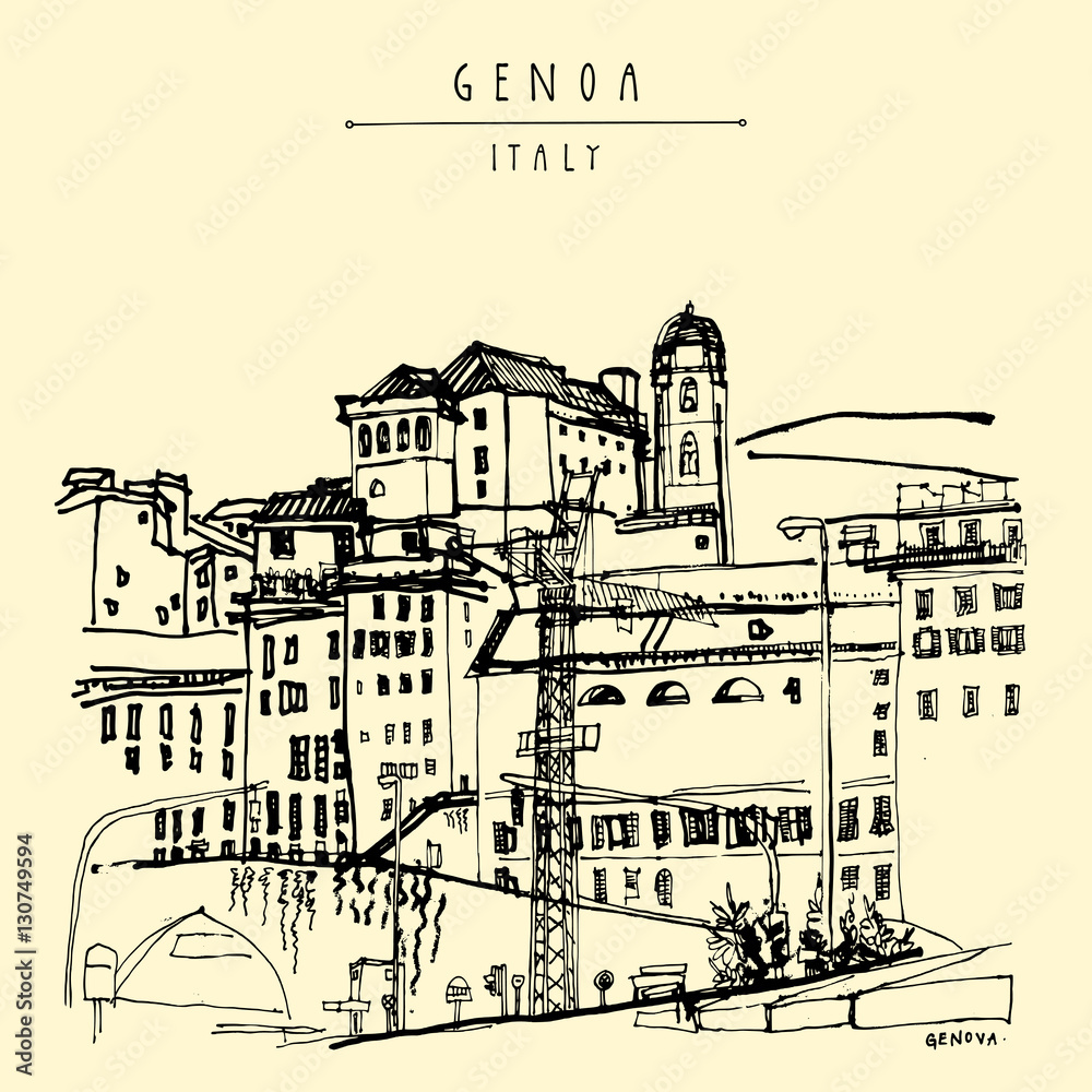 View of Genoa, Liguria, Italy, Europe. Artistic hand drawn vinta