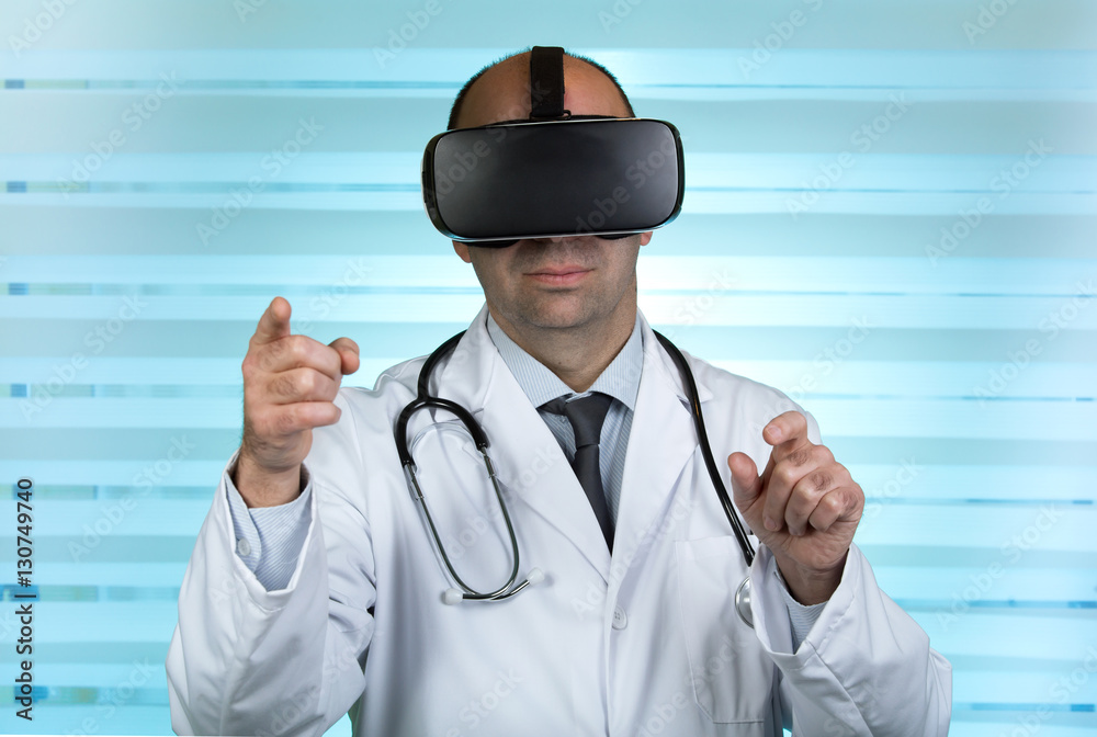 Doctor wearing virtual reality glasses conducting a remote clinical  / Practitioner in virtual medical tour with VR virtual reality glasses
