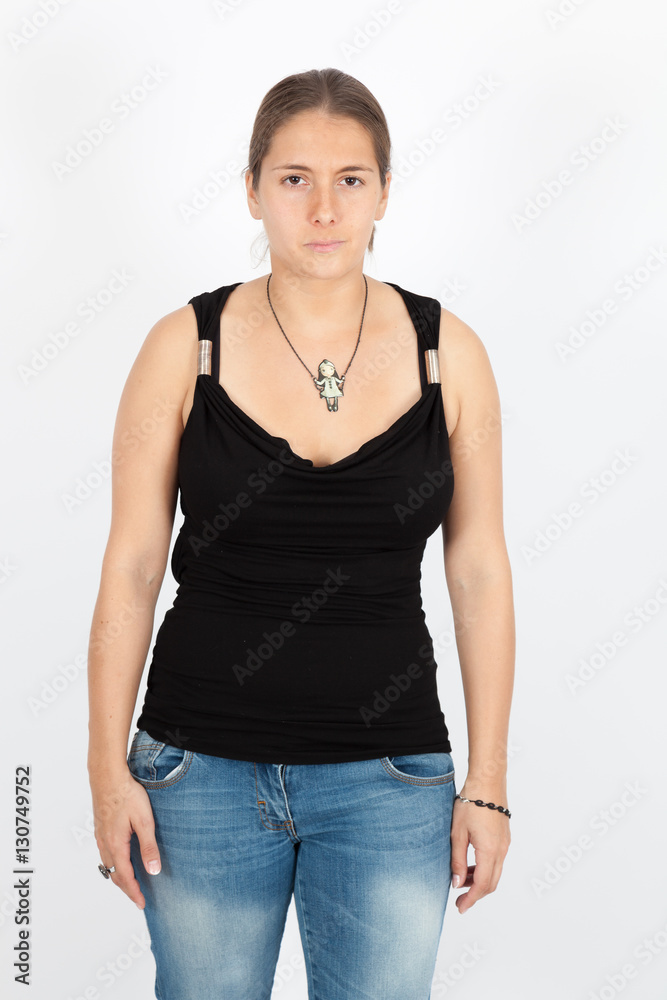 Beautiful woman doing different expressions in different sets of clothes: angry