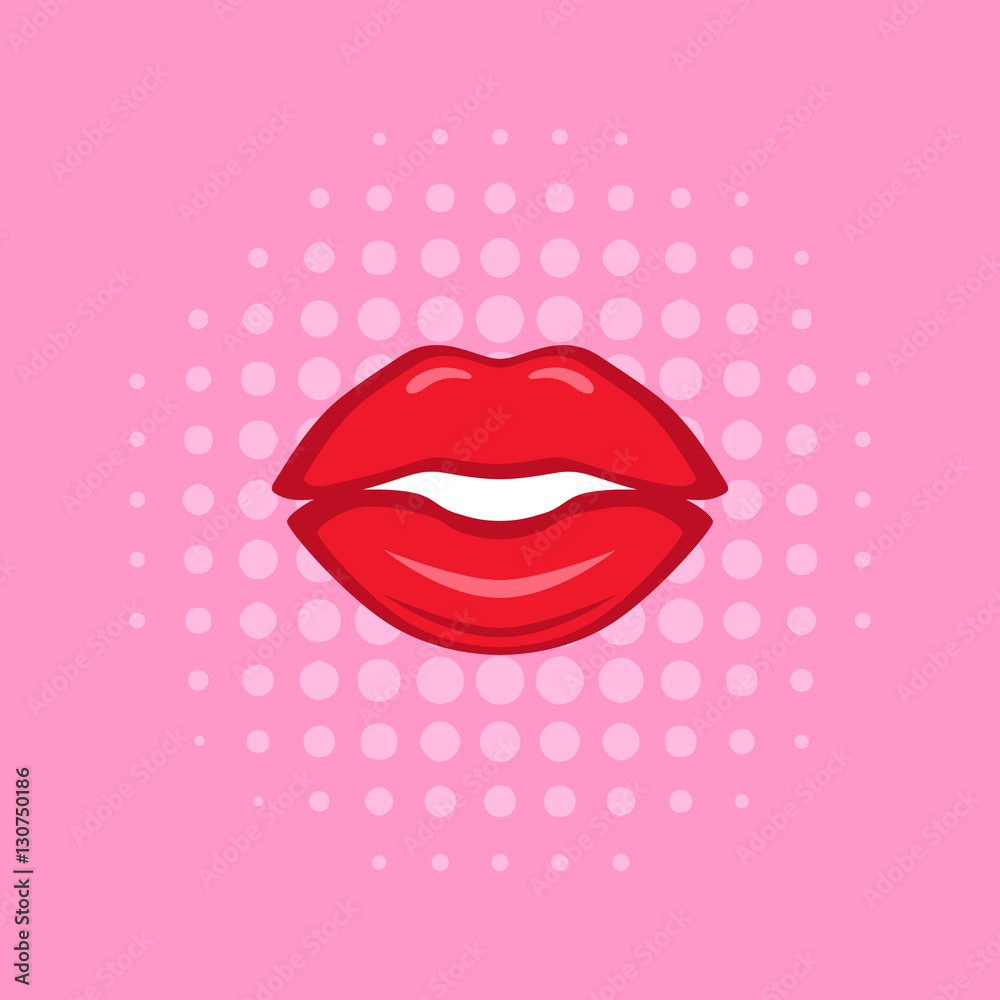 Red slightly opened lips on pink half-tone pattern background Red slightly opened lips on pink half-tone pattern background