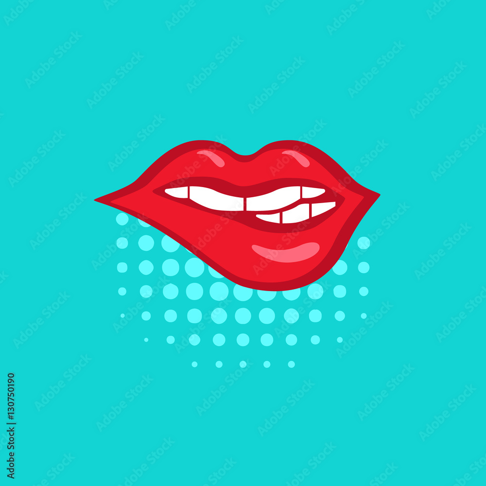 Red seductive lips on blue pop-art  background made in comics style