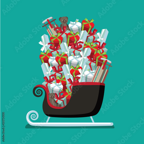 Flat design Santa Claus Christmas sleigh loaded with a huge stack of gifts. EPS 10 vector.