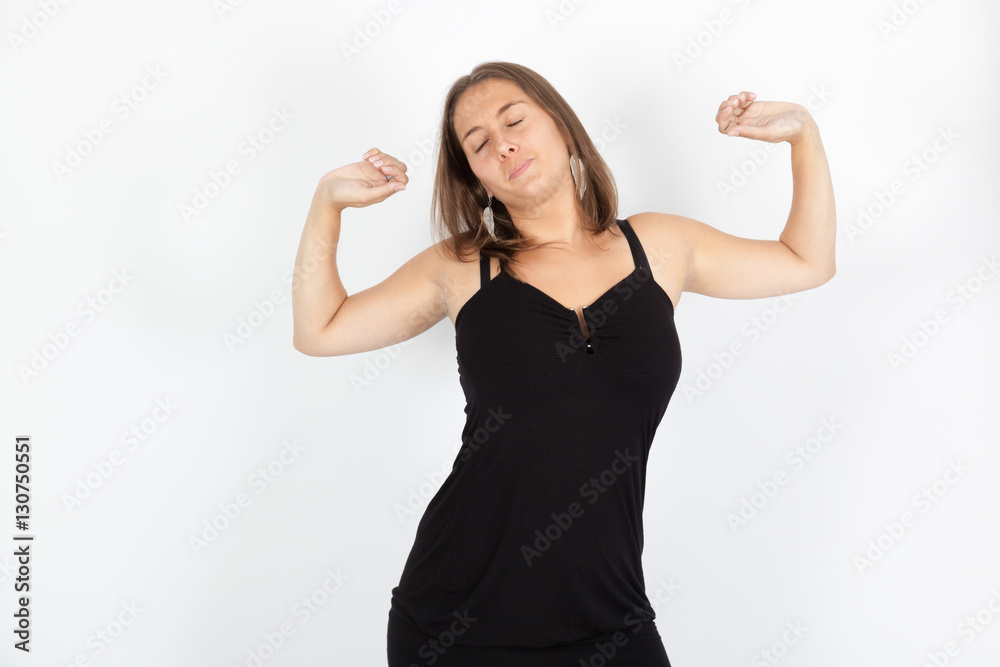 Beautiful woman doing different expressions in different sets of clothes: wake up Beautiful woman doing different expressions in different sets of clothes: wake up