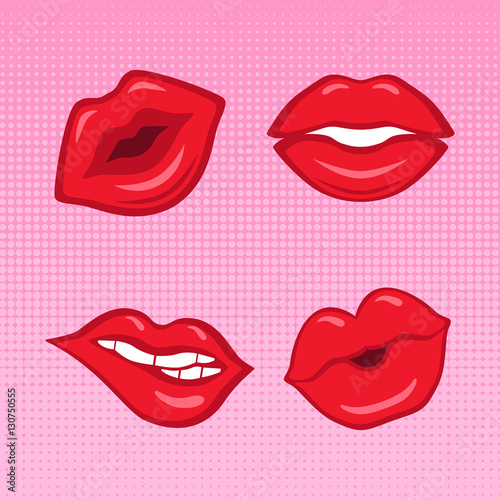 Set of red lips on pink half-tone background made in comics style
