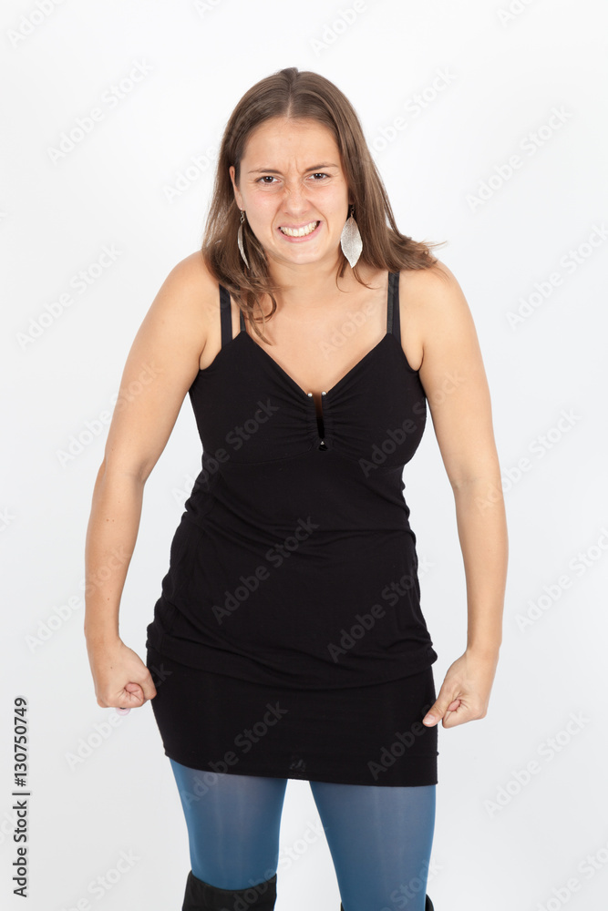 Beautiful woman doing different expressions in different sets of clothes: angry Beautiful woman doing different expressions in different sets of clothes: angry