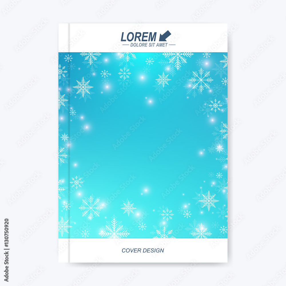 Modern vector template for brochure leaflet flyer cover catalog magazine or annual report. Christmas and Happy New Years Layout in A4 size. Winter background with snowflakes.