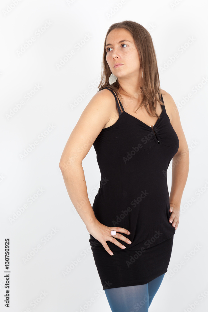 Naklejka premium Beautiful woman doing different expressions in different sets of clothes: thinking