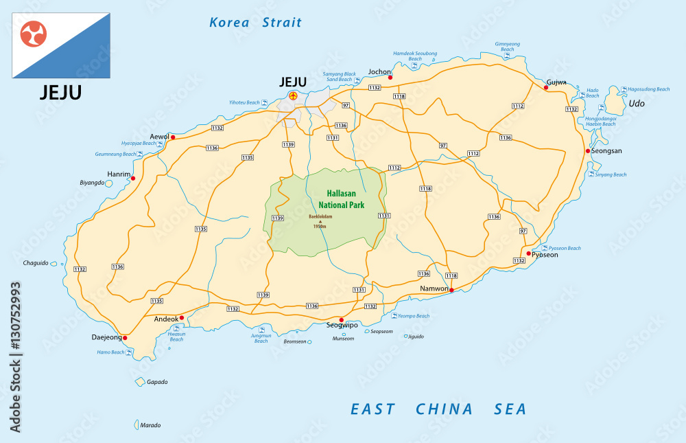 Fototapeta premium road map of the South Korean island Jeju with flag
