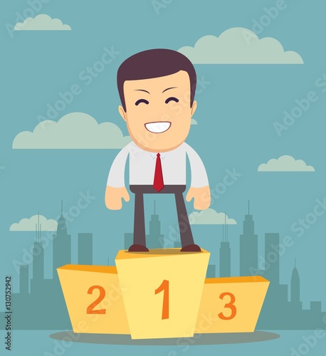 Businessman winner standing in first place on a podium