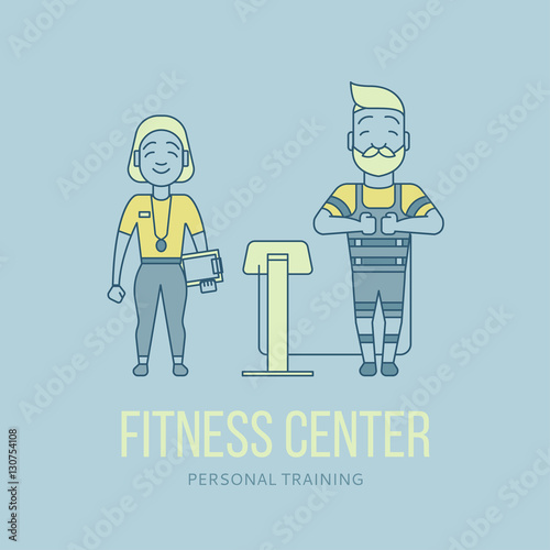 Ems training logo. Electric muscular stimulating fitness. Fitness center banner. Personal trainer and sportsman. Line flat concept.Vector illustration