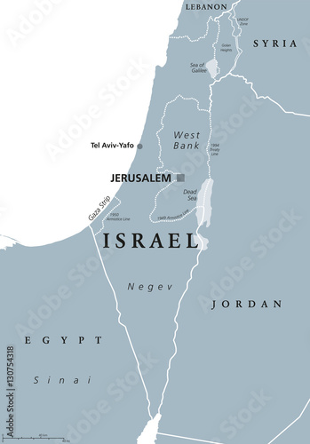 Israel political map with capital Jerusalem and neighbors. State of Israel, a country in Middle East with Palestinian territories West Bank and Gaza Strip. Illustration with English labeling. Vector.