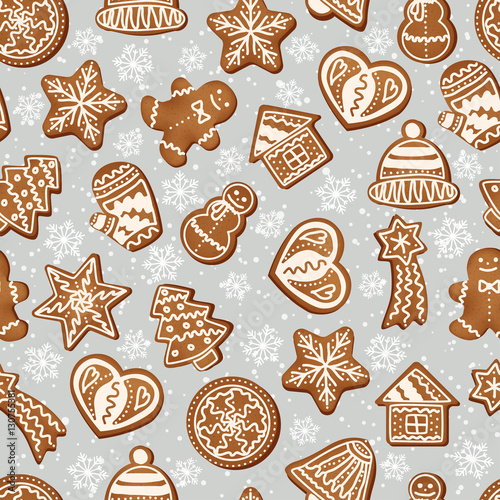 Christmas seamless pattern of snowflakes and gingerbread cookies.