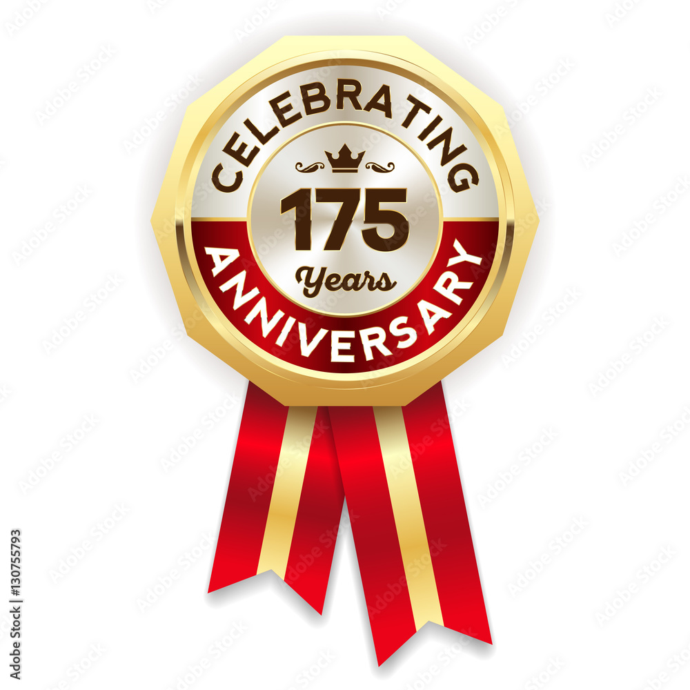 Red celebrating 175 years badge, rosette with gold border and ribbon Red celebrating 175 years badge, rosette with gold border and ribbon