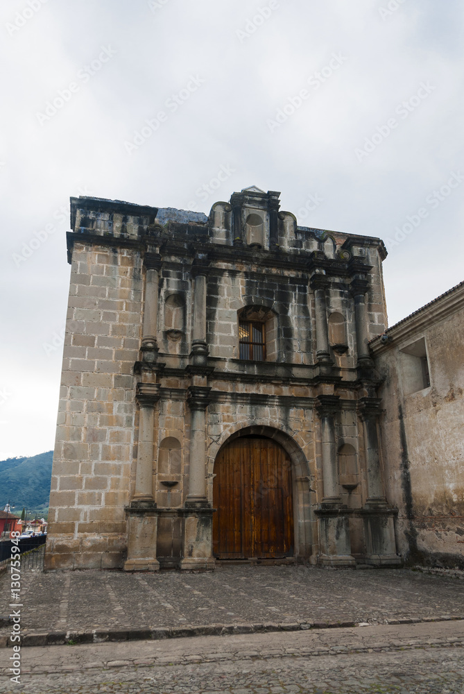 Exterior of Las Capuchinas, 18th-century church & convent ruins, in colonial city & UNESCO World Heritage Site of Antigua.