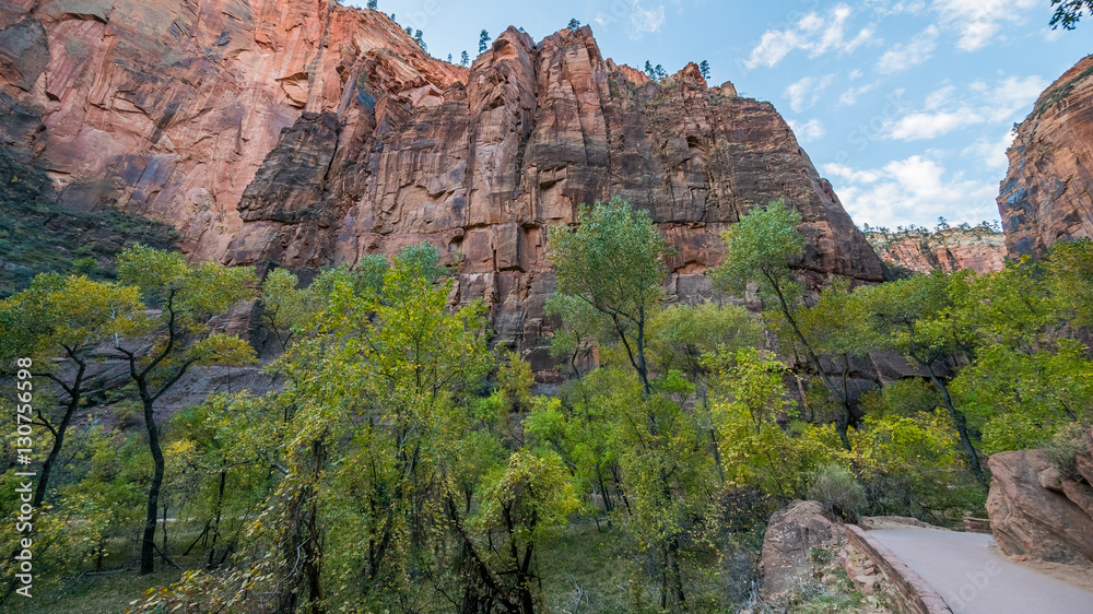 Fototapeta premium Beautiful paved hike along the Virgin River. Zion National Park, Utah, USA