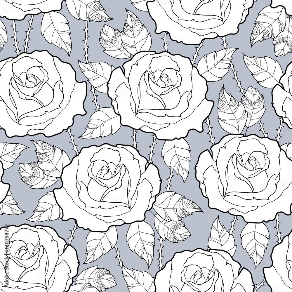 Vector seamless pattern with outline rose flower, stems and leaves in ...