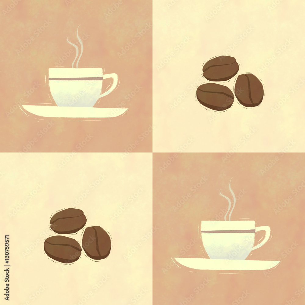 Obraz premium Hot coffee cup and coffee beans seamless pattern