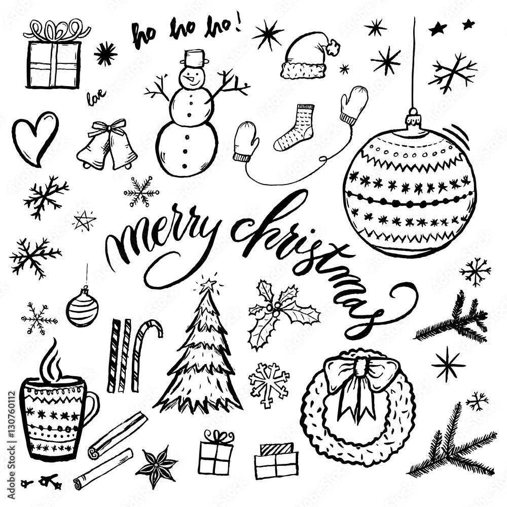 Merry Christmas hand-drawn illustration isolated on white background with text. Set of  xmas hand drawn doodle drawings. Snowman, hot winter tea, cinnamon, holly wreath, sock, ho ho ho, Christmas ball