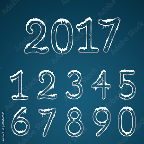 Winter iron silhouette snowy digits set with snow caps. Frozen n