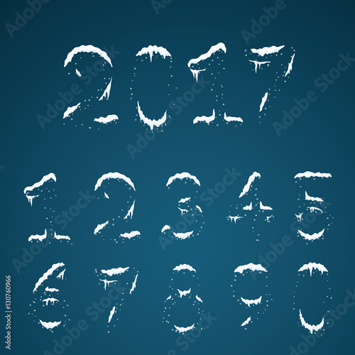 Winter transparent snowy digits set with snow caps. Frozen numbe