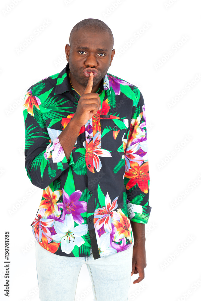 Handsome man doing different expressions in different sets of clothes: be quiet Handsome man doing different expressions in different sets of clothes: be quiet